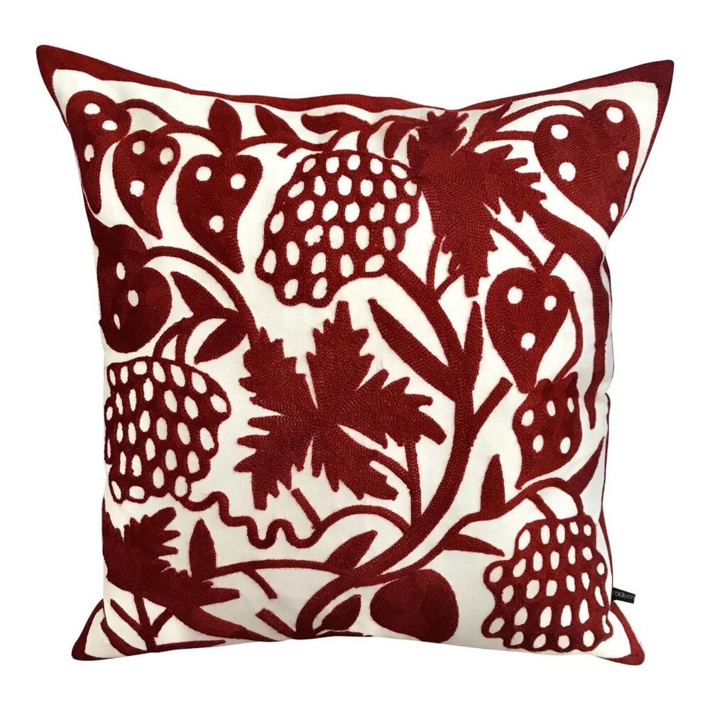 20" Embroidered White & Red Floral Pillow With Down Filling